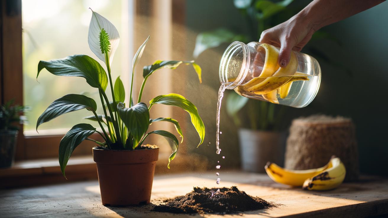 Illustration of banana-water being poured into the soil of a wilting houseplant to trigger fast recovery
