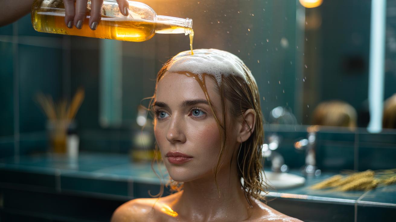 Illustration of a beer rinse applied to the hair roots, with barley proteins coating strands to lift flat hair for instant volume.