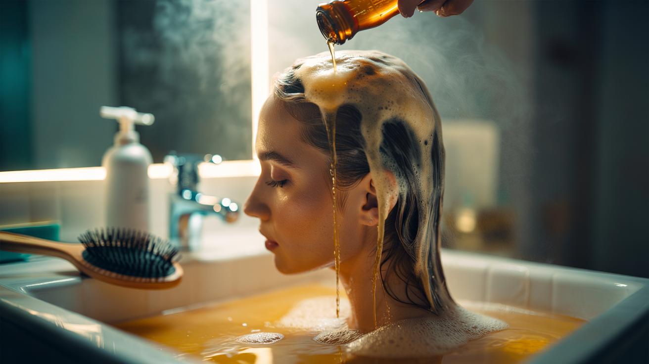 Illustration of a beer rinse applied to the hair roots to boost volume with yeast proteins