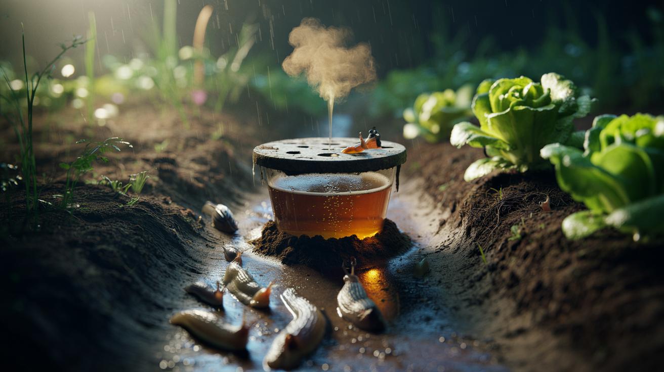 Illustration of a soil-level beer trap in a garden, using yeast aroma to lure snails to drown overnight