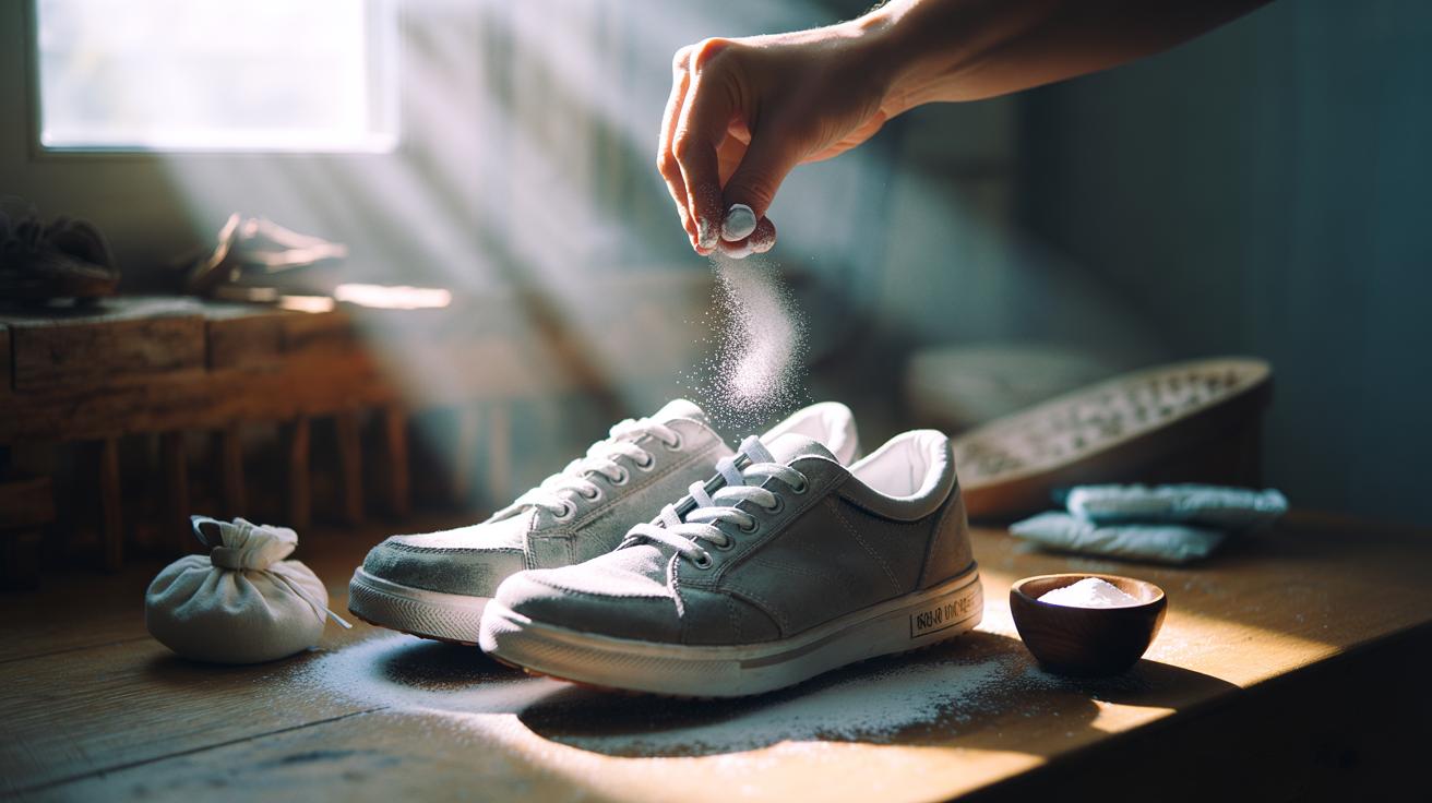 Illustration of sprinkling bicarbonate of soda into shoes to absorb deep moisture and neutralise odours