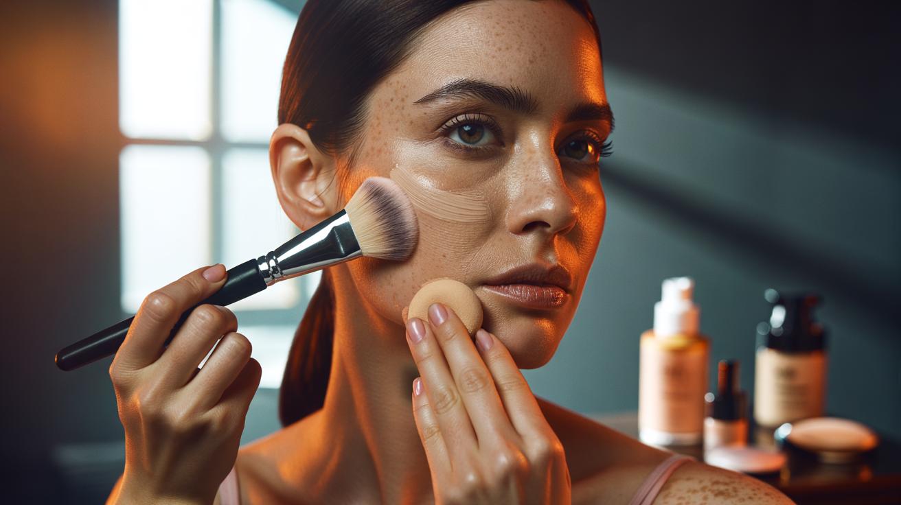 Illustration of blending thin layers of foundation with a brush and damp sponge to achieve a natural finish