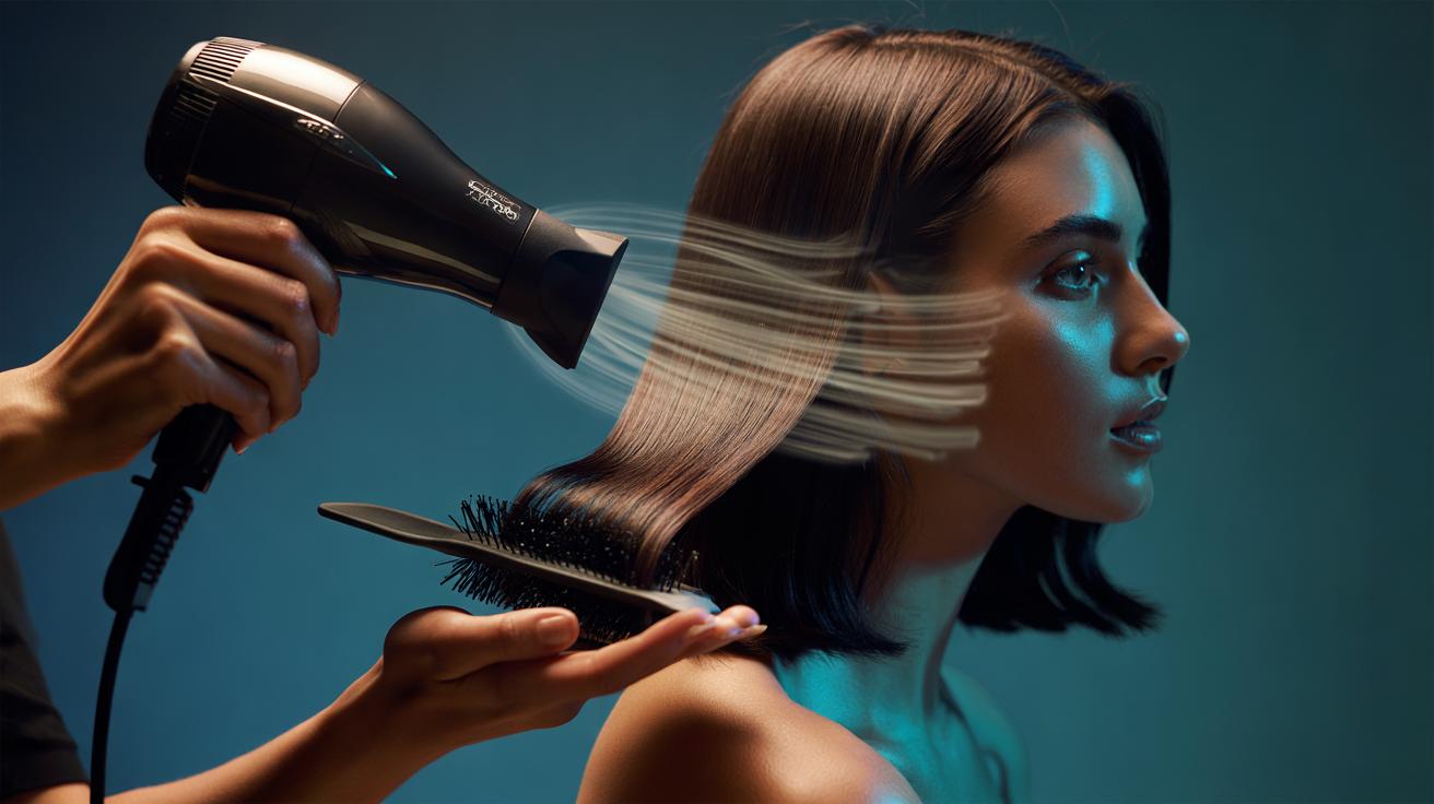Illustration of a person using a blow-dryer with a concentrator nozzle, directing airflow from root to tip to smooth and shape hair