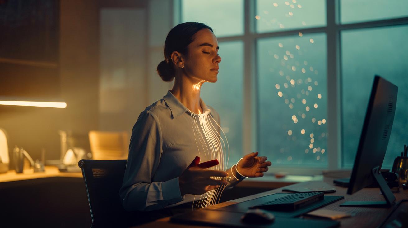 Illustration of a person practicing a body-scan at a desk to notice tension and clear mental clutter