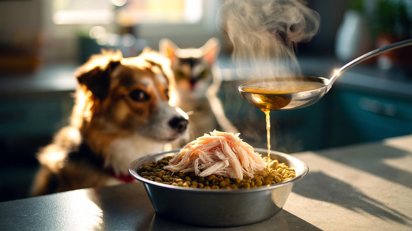 Illustration of a warm boiled-chicken topper and unsalted broth mixed into a pet’s food bowl, with rising steam to release aroma and encourage appetite