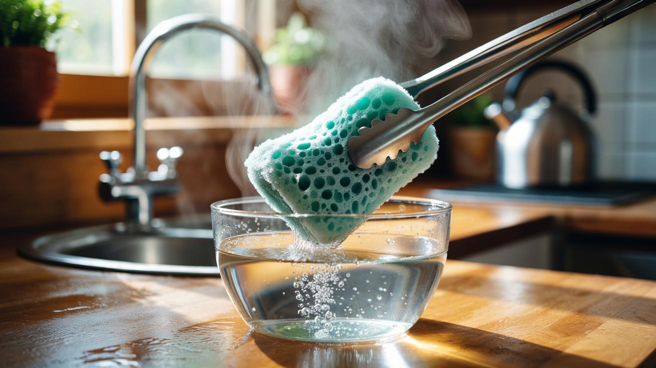 Illustration of a worn cellulose sponge being soaked in a bowl of boiling water with steam rising and tongs pressing it under