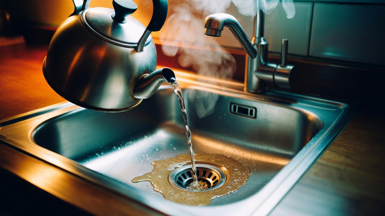 Illustration of boiling water being poured from a jug into a kitchen sink drain to break apart greasy buildup through thermal shock