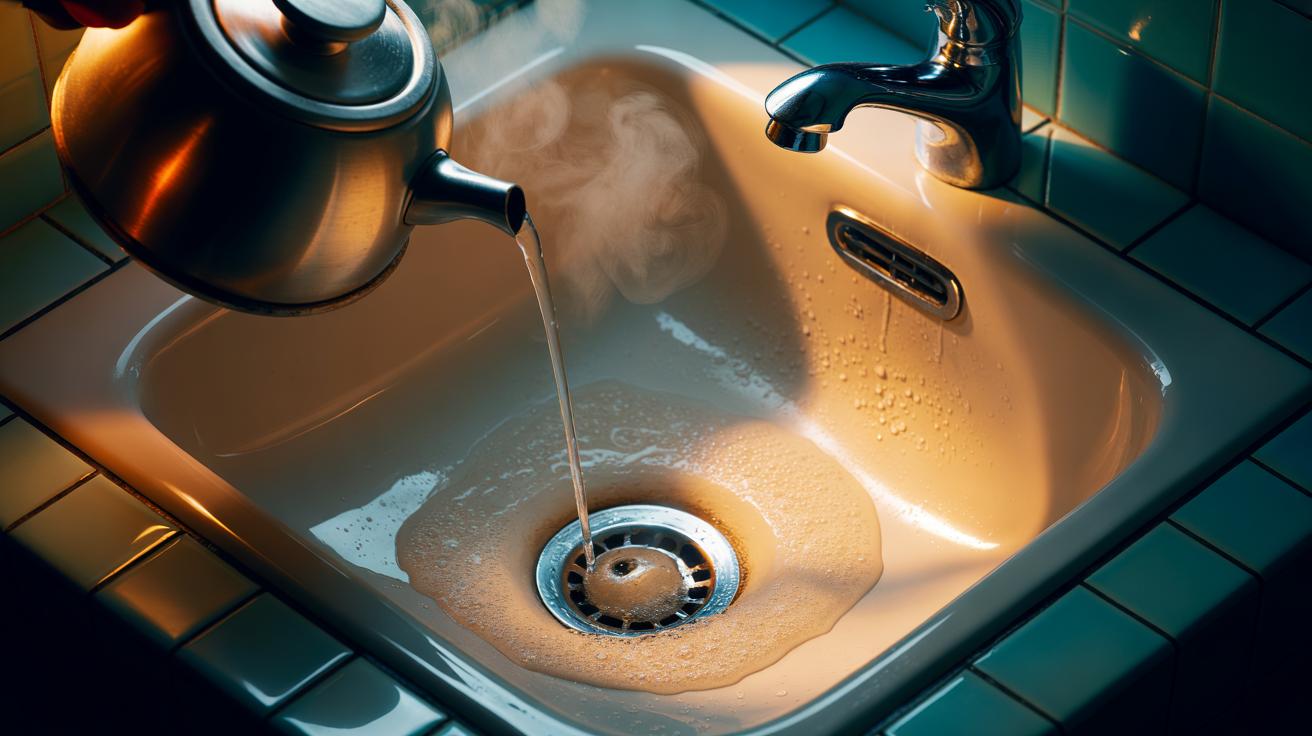 Illustration of boiling water being poured from a kettle into a bathroom sink drain to melt built-up soap residue