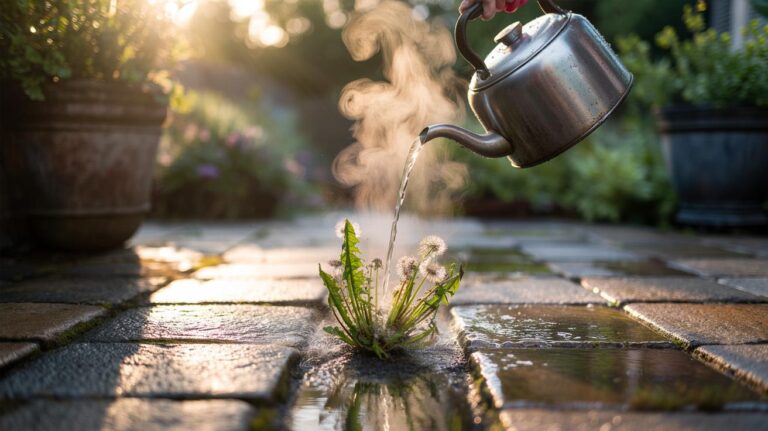 Illustration of boiling water being poured from a kettle onto weeds in patio cracks, with steam rising and stems wilting on contact