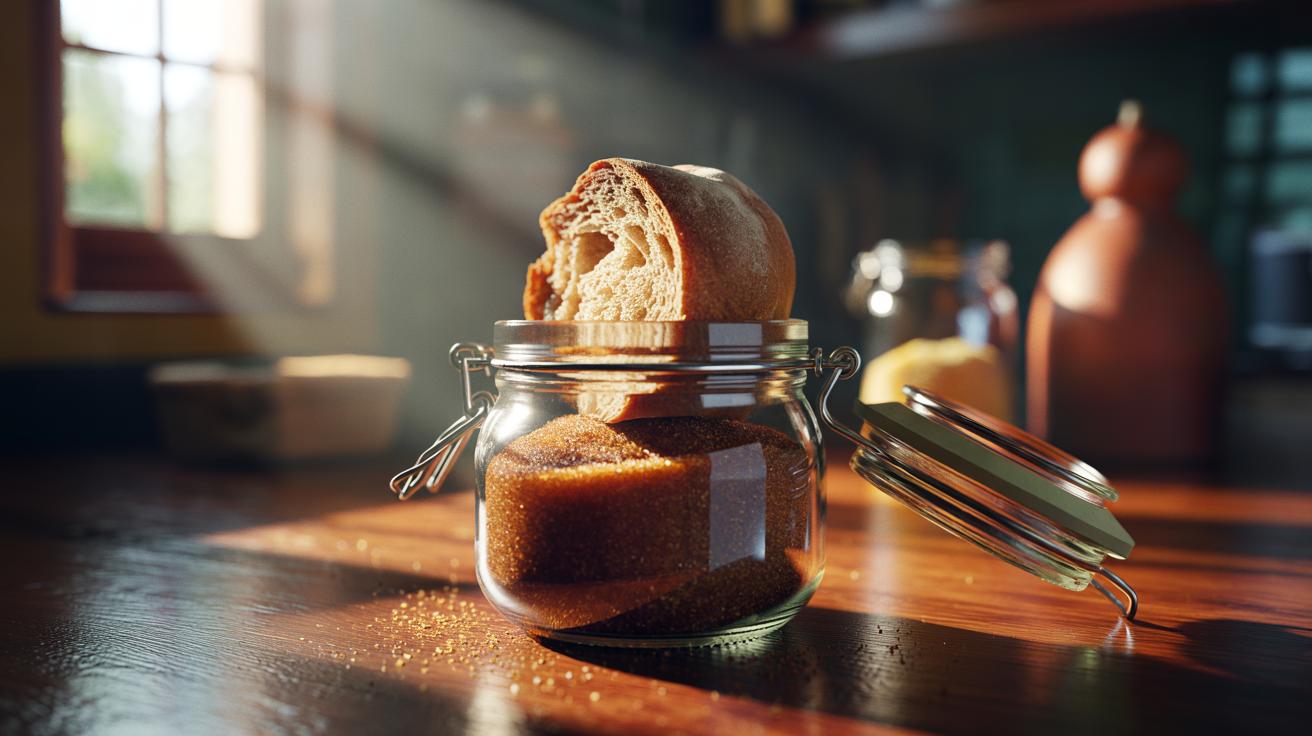 Illustration of a bread heel placed in an airtight jar of brown sugar to keep it soft by slowly releasing moisture