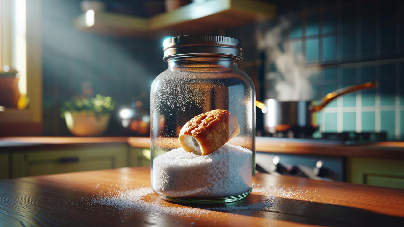 Illustration of a bread heel resting on top of salt in an airtight glass jar to absorb humidity and prevent clumping