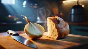Illustration of a bread heel positioned next to a freshly cut onion to absorb sulphur gases and reduce tears