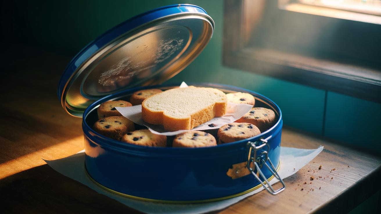 Illustration of a slice of bread in an airtight biscuit tin, sharing moisture to keep the biscuits soft.