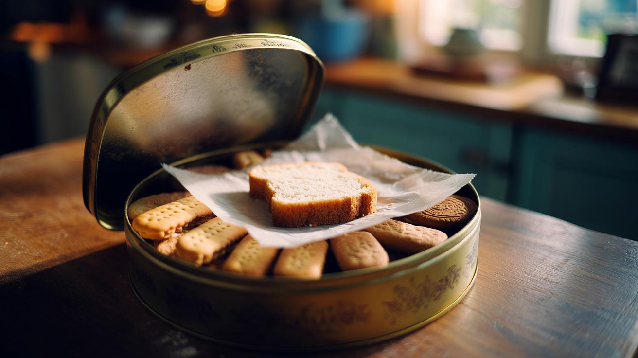 Illustration of a slice of bread inside a biscuit tin with assorted biscuits, demonstrating shared moisture that keeps them soft