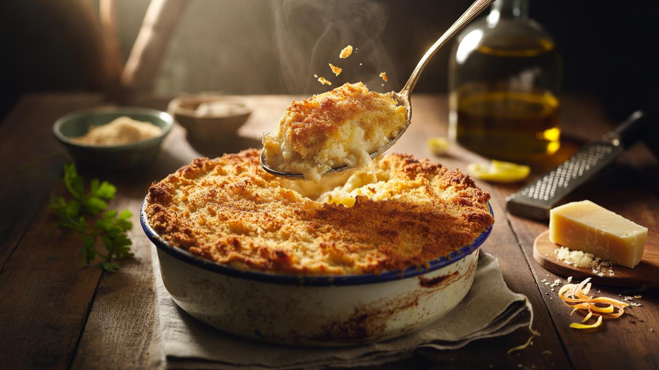Illustration of a golden, crisp breadcrumb topping on a baked casserole, balancing the soft, creamy filling beneath