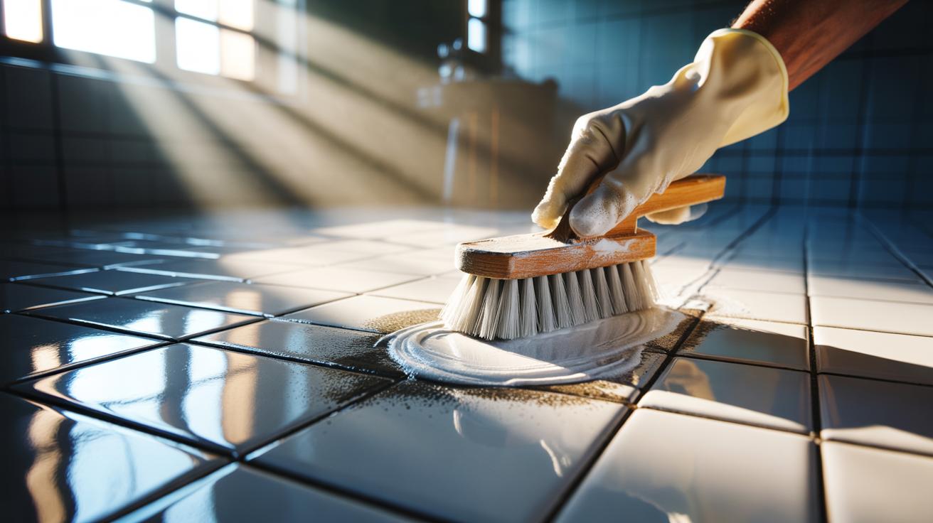 Illustration of a hand scrubbing tile grout with a stiff nylon brush and a sodium bicarbonate paste to lift deep-set stains