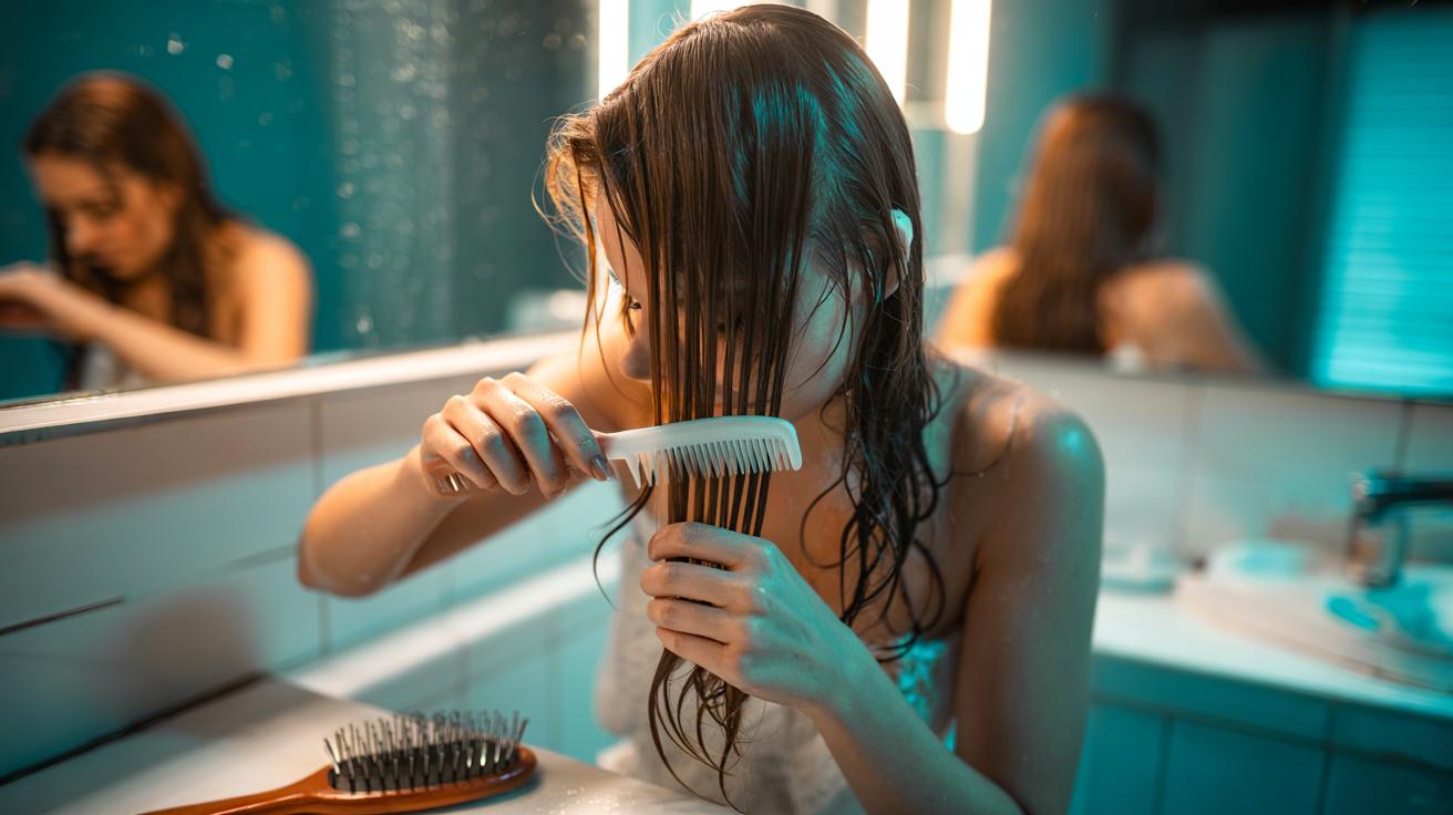 Illustration of swapping a rigid brush for a wide-tooth comb to gently detangle wet hair from the ends and protect strands from breakage