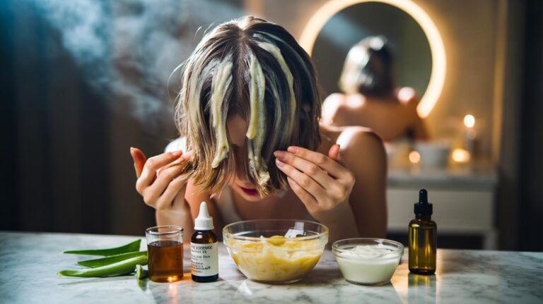 Illustration of a person applying a homemade budget hair mask to dry ends, with a bowl of banana, honey, yoghurt, aloe vera gel, glycerin, and olive oil on a bathroom counter