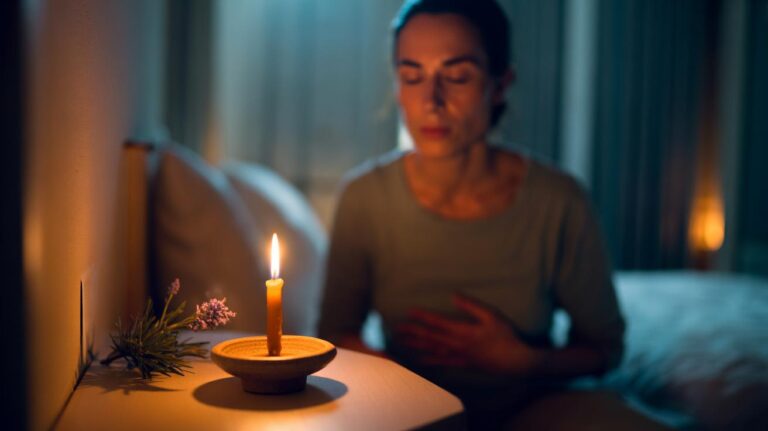 Illustration of a person practising a candle-and-breath relaxation ritual at night, gazing at a small flame while breathing slowly in a dim, calm room