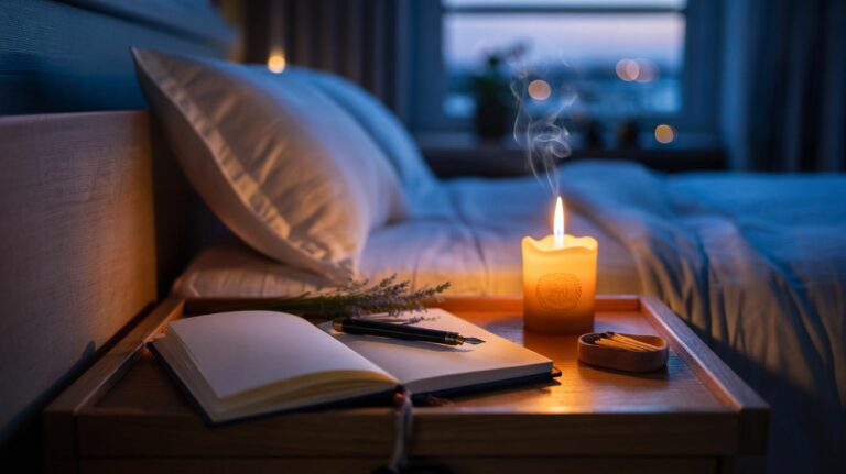 Illustration of a lit candle beside an open journal and pen on a nightstand, signaling the day’s end