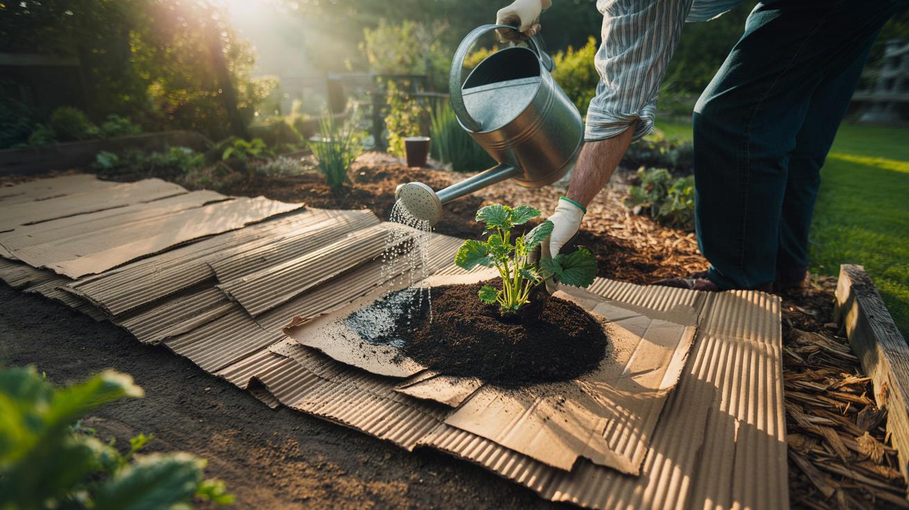 Illustration of overlapping cardboard sheets laid on a garden bed and covered with compost mulch to suppress weeds in a no-dig setup