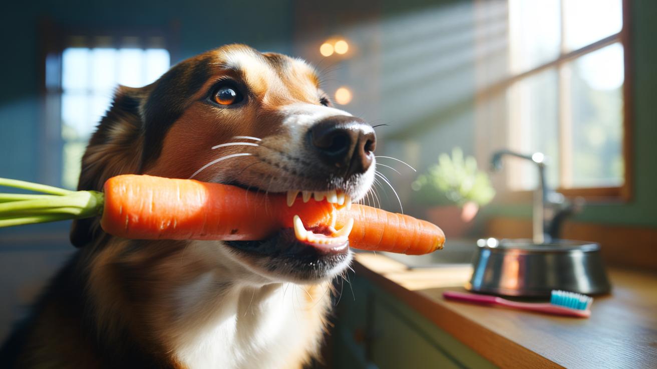 Illustration of a dog chewing a firm carrot stick to help scrape plaque from teeth