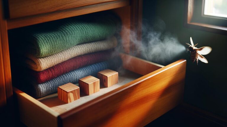 Illustration of cedar blocks placed among folded wool garments in a wooden drawer to keep moths away using natural oils