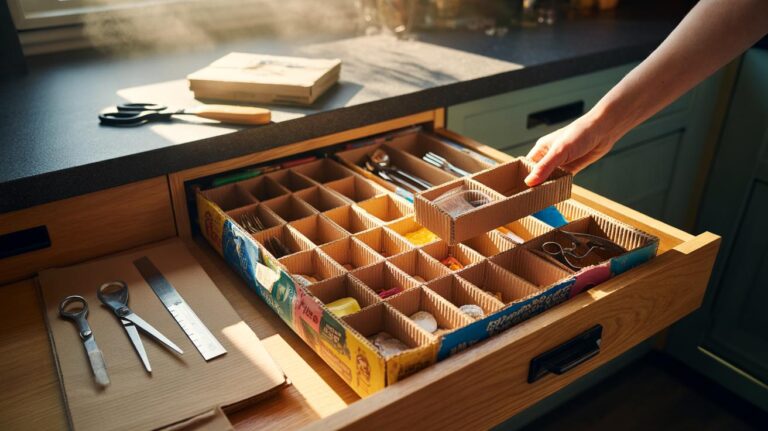 Illustration of cereal-box cardboard dividers neatly organising a kitchen drawer