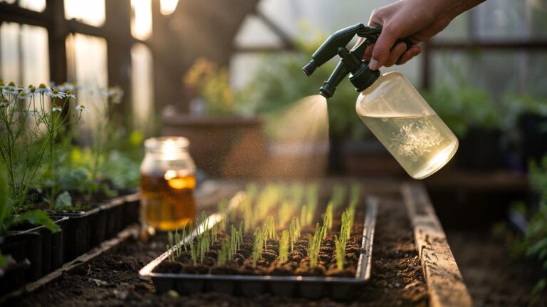 Illustration of seedlings being lightly misted with a weak chamomile tea brew to prevent damping-off