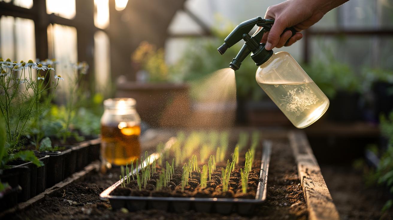 Illustration of seedlings being lightly misted with a weak chamomile tea brew to prevent damping-off