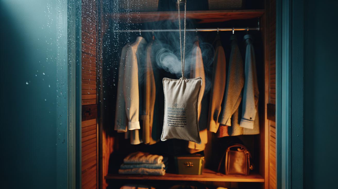 Illustration of an activated charcoal pouch inside a wardrobe absorbing moisture and reducing musty odours.