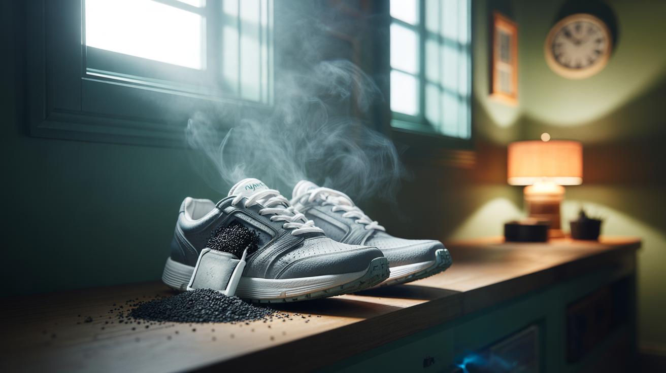 Illustration of a pair of shoes with activated charcoal sachets inserted to absorb sweat and odour overnight