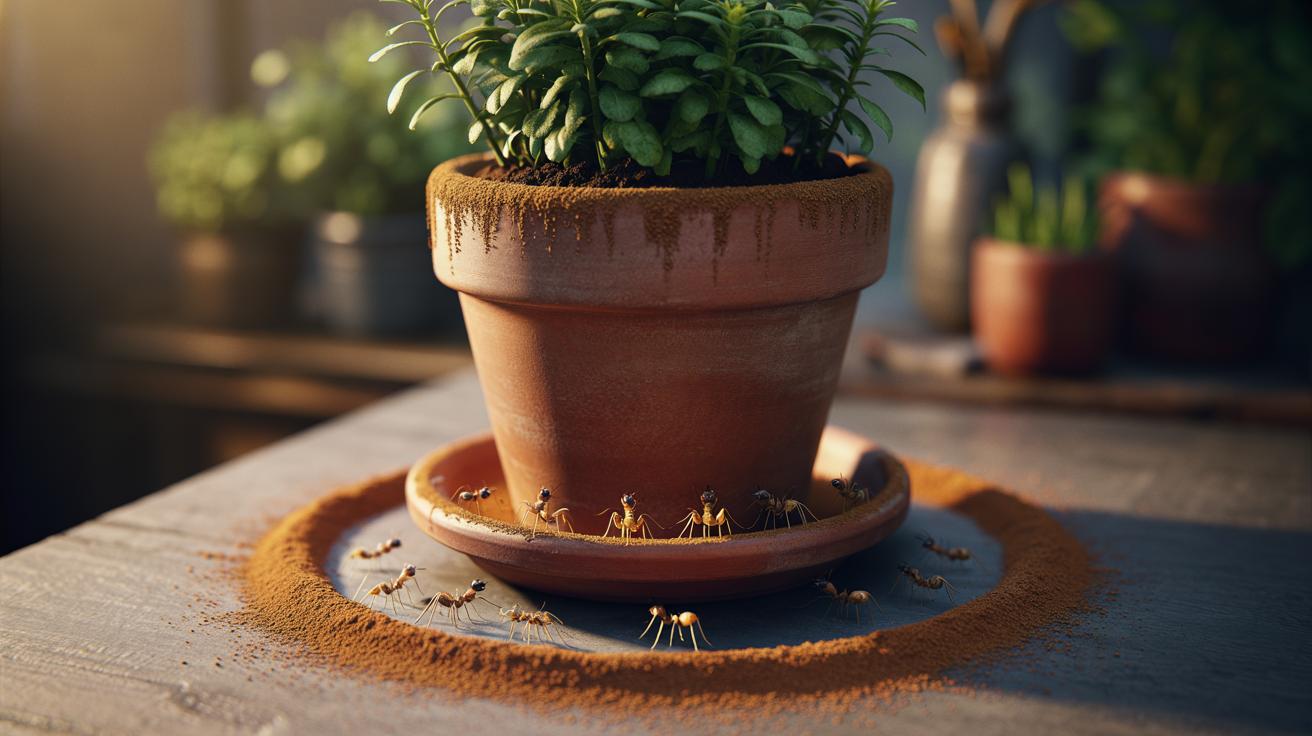 Illustration of a potted plant with a thin ring of ground cinnamon around the rim and base, blocking ant trails