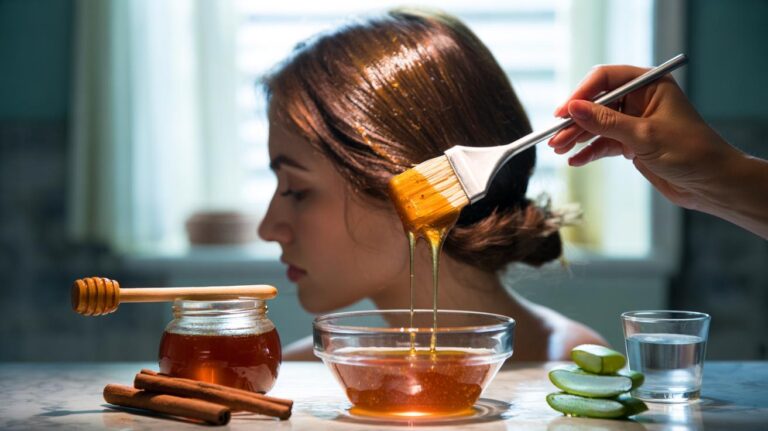 Illustration of a glass bowl of diluted raw honey mixed with ground cinnamon, with a brush applying the paste to brown hair strands