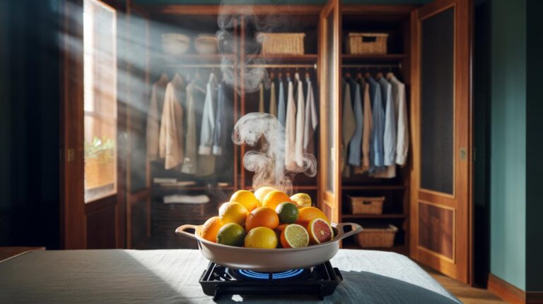 Illustration of the citrus-steam method freshening an open wardrobe with aromatic vapour from simmered citrus peels