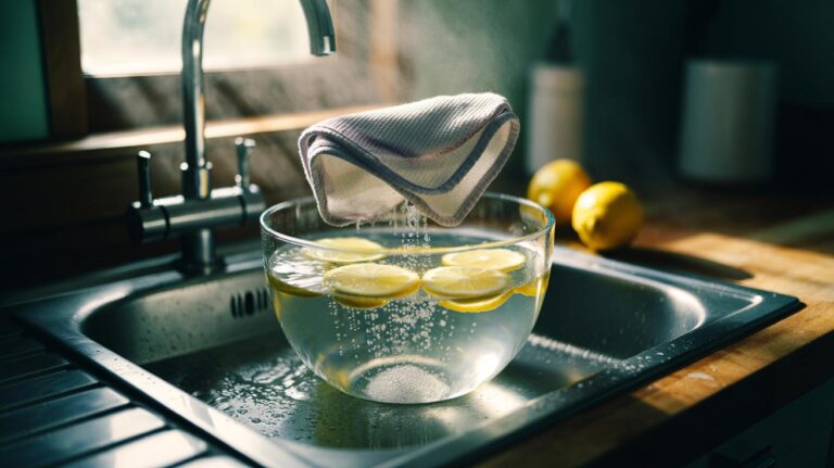 Illustration of reusable cleaning cloths soaking in warm citrus-water with lemon slices and citric acid granules, depicting acid breaking down biofilm, limescale, and odours