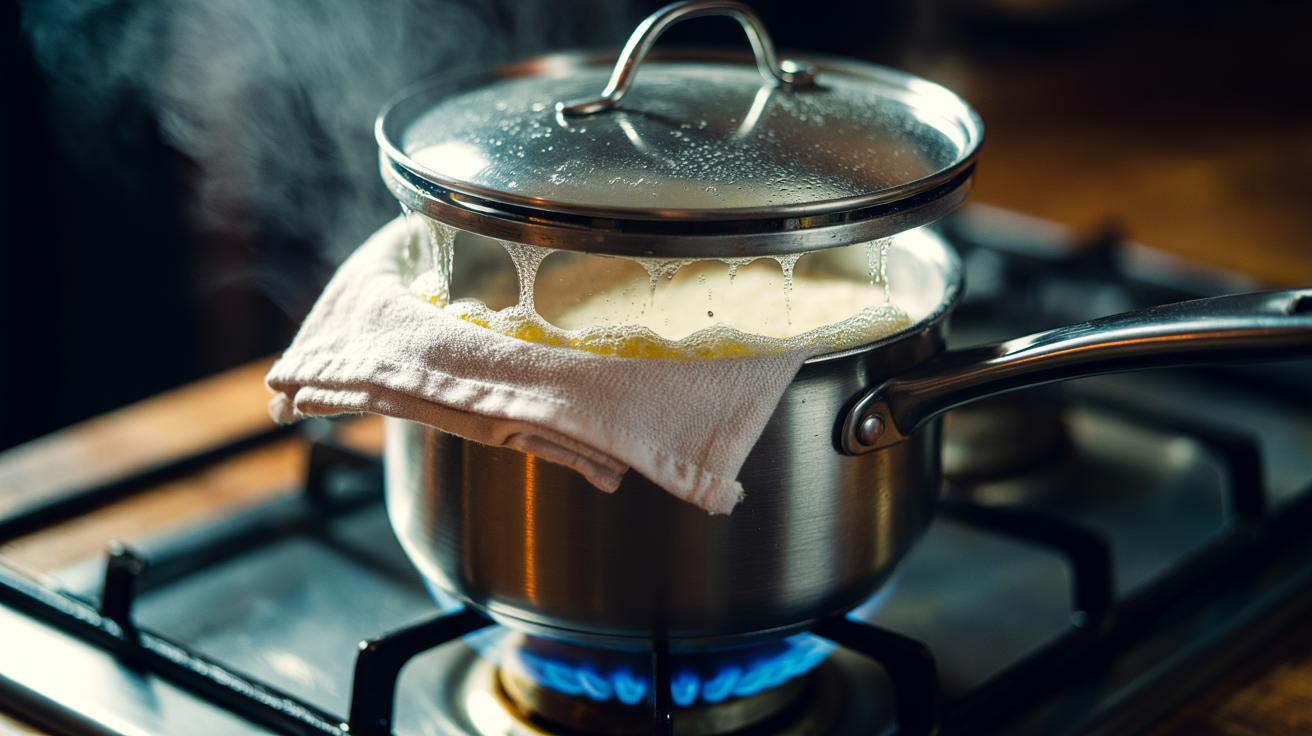 Illustration of a saucepan on a hob with a tea towel placed under the lid, absorbing rising foam to prevent a boil-over