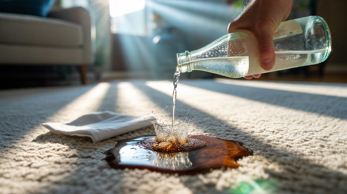 Illustration of [a hand pouring club soda onto a fresh coffee stain on a light carpet, with visible carbonation bubbles lifting the mark as a white cloth is ready to blot]