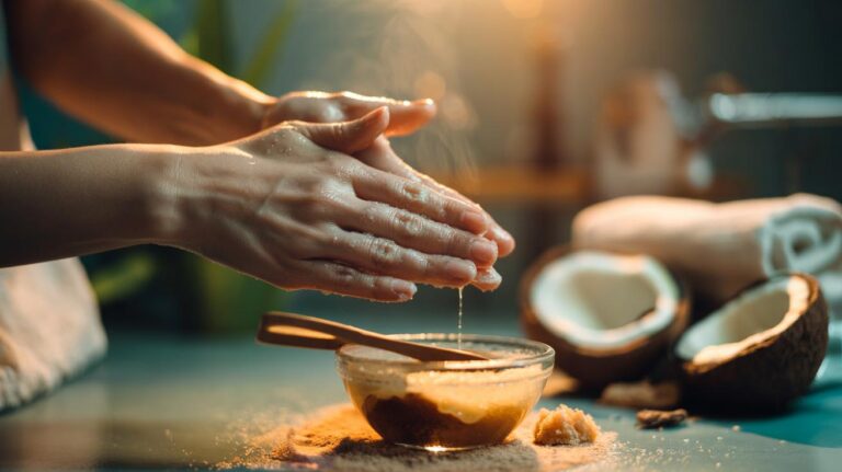Illustration of a person gently exfoliating an elbow with a coconut oil and sugar scrub to remove dead skin