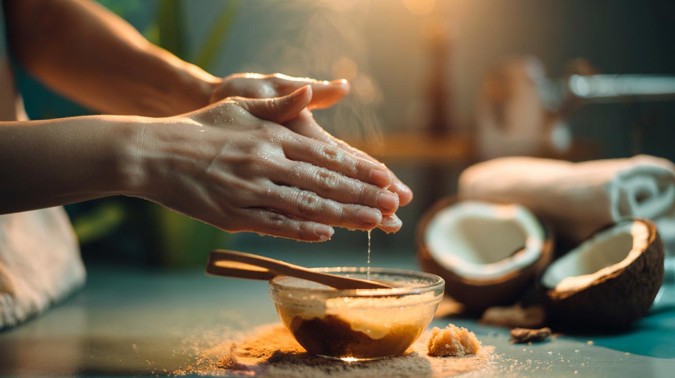 Illustration of a person gently exfoliating an elbow with a coconut oil and sugar scrub to remove dead skin