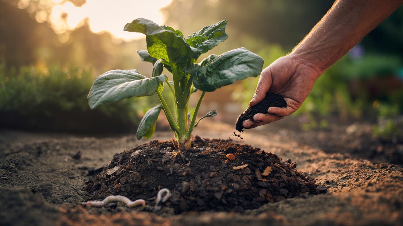 Illustration of coffee-ground mulch applied to garden soil, with slow-release nitrogen nourishing deep plant roots