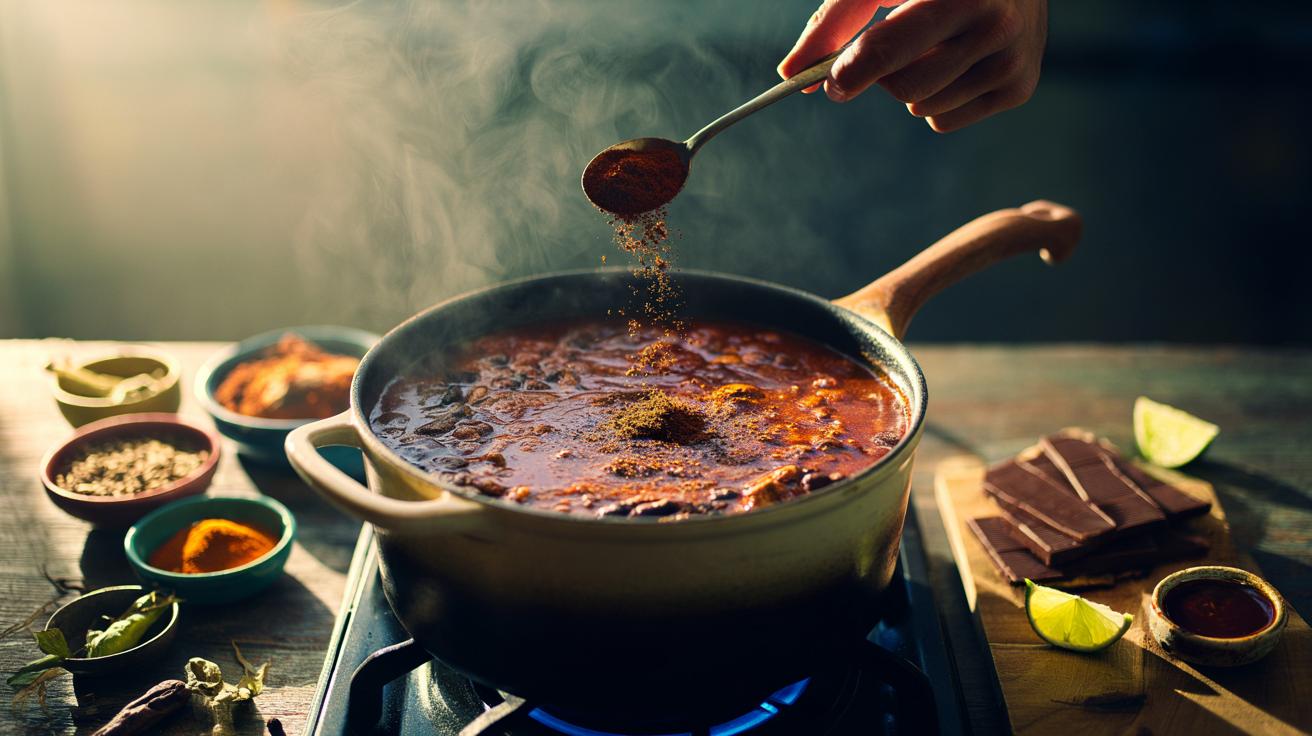 Illustration of coffee grounds being stirred into a simmering pot of chilli to add balanced bitterness and deepen flavour