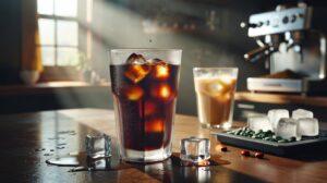 Illustration of coffee ice cubes made from brewed coffee in iced coffee, preventing dilution and maintaining strength