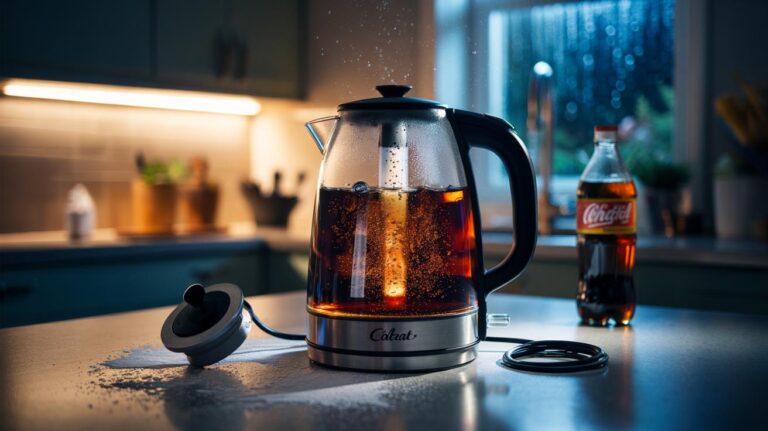 Illustration of a stainless-steel kettle filled with cola during an overnight soak that gently dissolves limescale with phosphoric acid