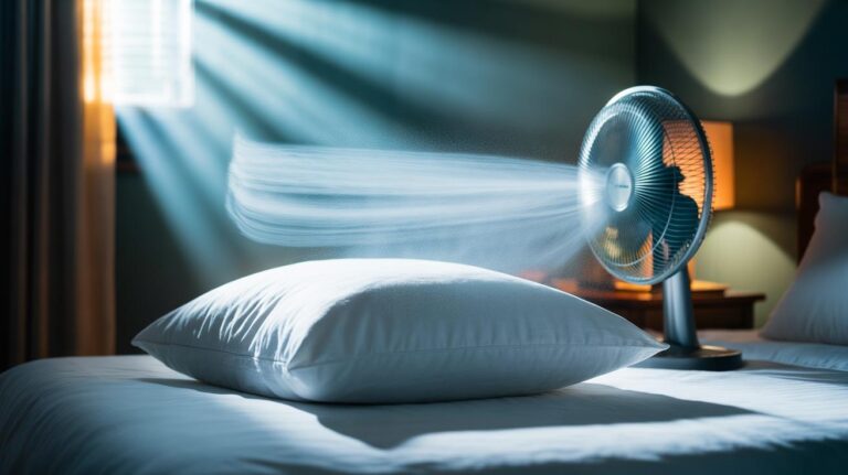 Illustration of a cold-air blast fluffing a pillow, with rapid airflow redistributing compacted filling