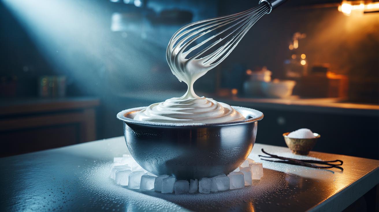 Illustration of the cold-bowl trick with a chilled stainless-steel bowl and whisk whipping cold double cream to stabilise fluffy peaks