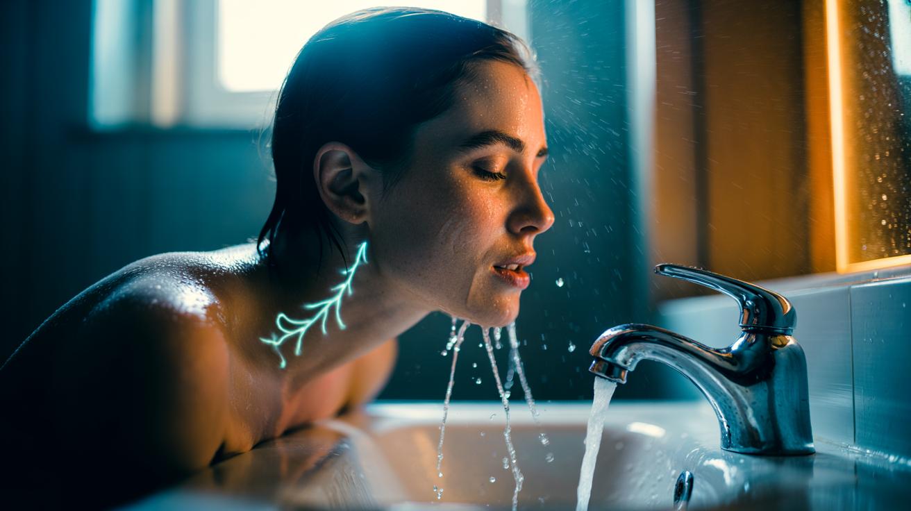 Illustration of a person splashing cold water on their face to activate the vagus nerve and boost alertness