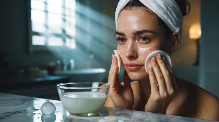 Illustration of a cold milk soak using chilled, milk-soaked cotton pads on facial sun spots for gentle lactic acid exfoliation