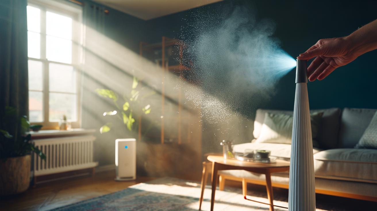 Illustration of a cold-mist spritz reducing indoor dust as moisture binds particles before they settle