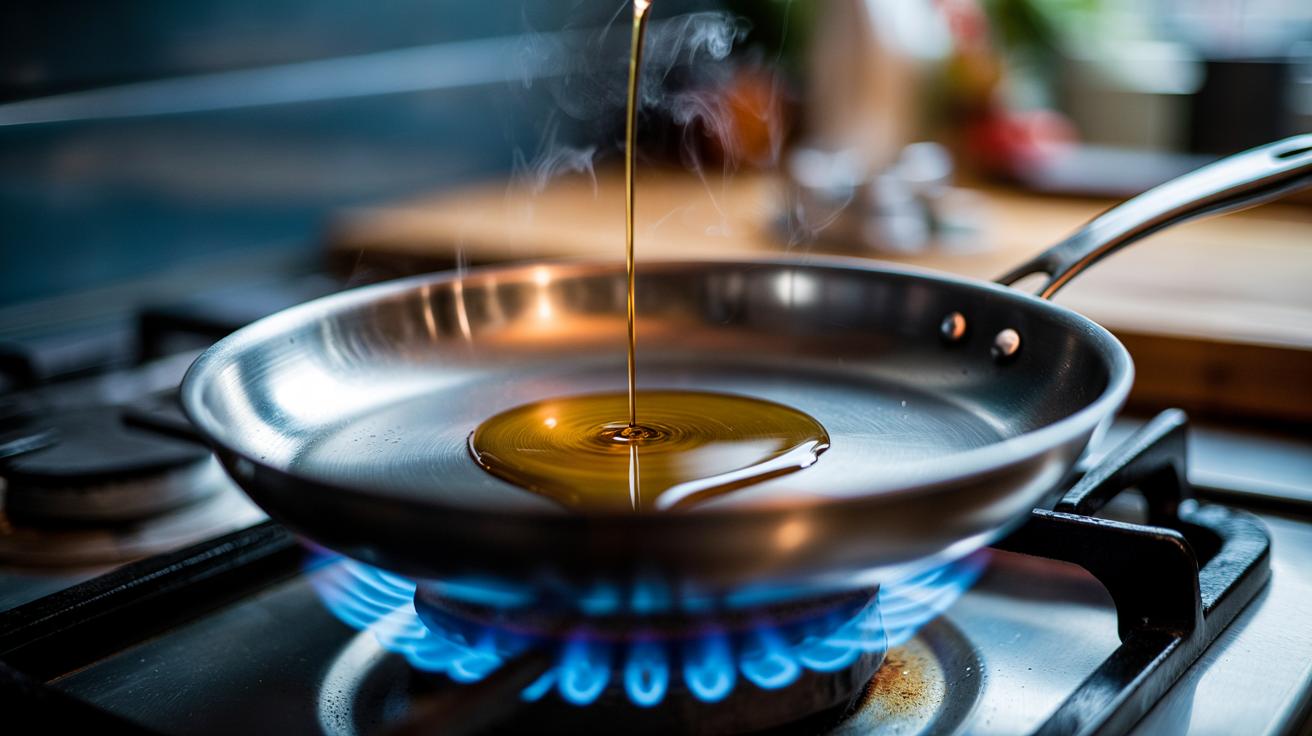 Illustration of a preheated stainless-steel pan with cold oil being added to create a natural non-stick layer